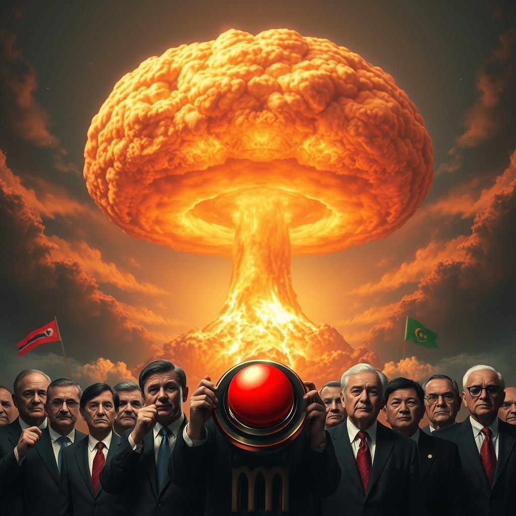 Nuclear mushroom, world leaders holding red button   by @Larry_J_Rollason_ART