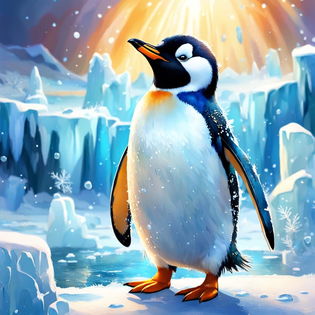 Colorful Cartoon Penguin on Icy Landscape