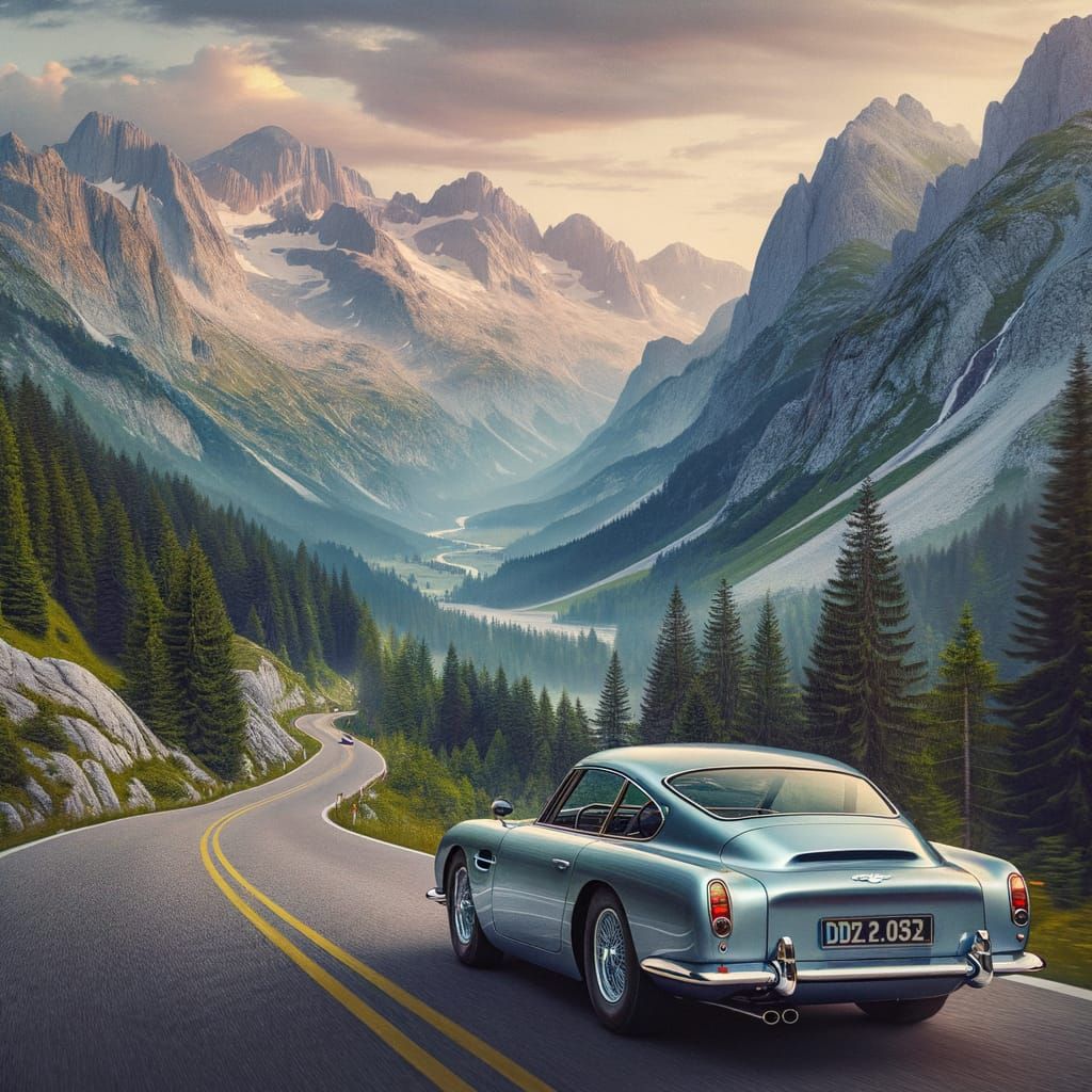 Aston Martin DB5 driving a mountain road - breathtaking views  by @The Reverend