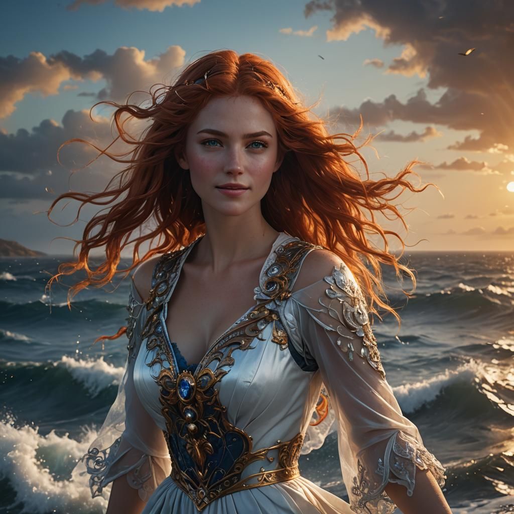 femme rousse  yeux bleu décolletée blanc transparent  cheveu...