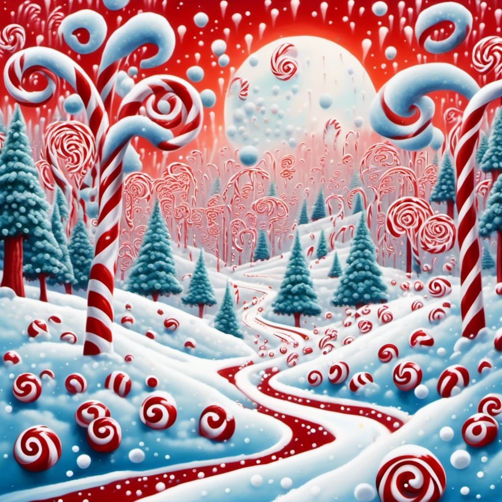 Young people throwing snowballs in Candy cane forest, swirly gumdrop trees snowy landscape. Cinematic, nostalgic, whimsical, iconic. Snowing...