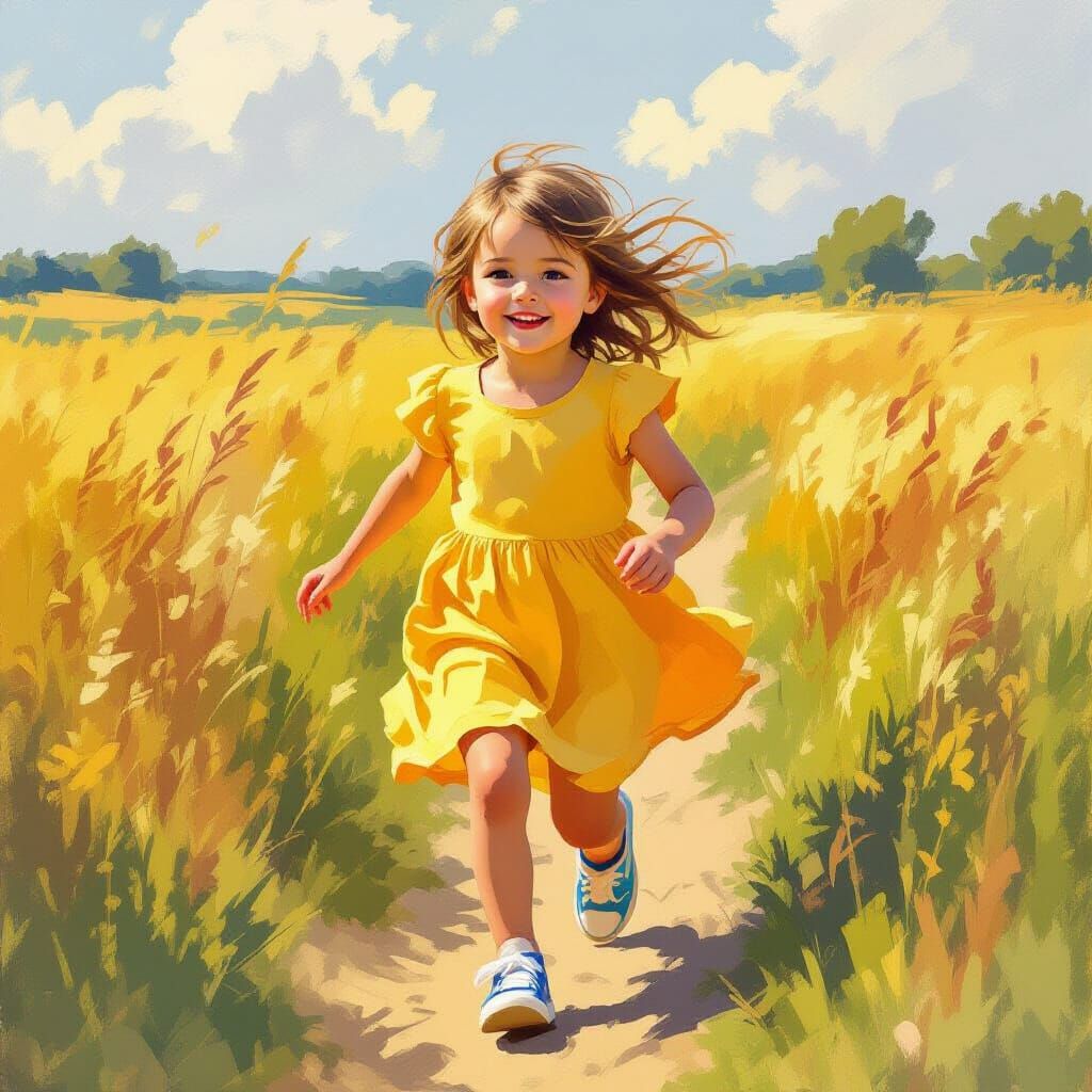 Child Running Through Field in Impressionist Style