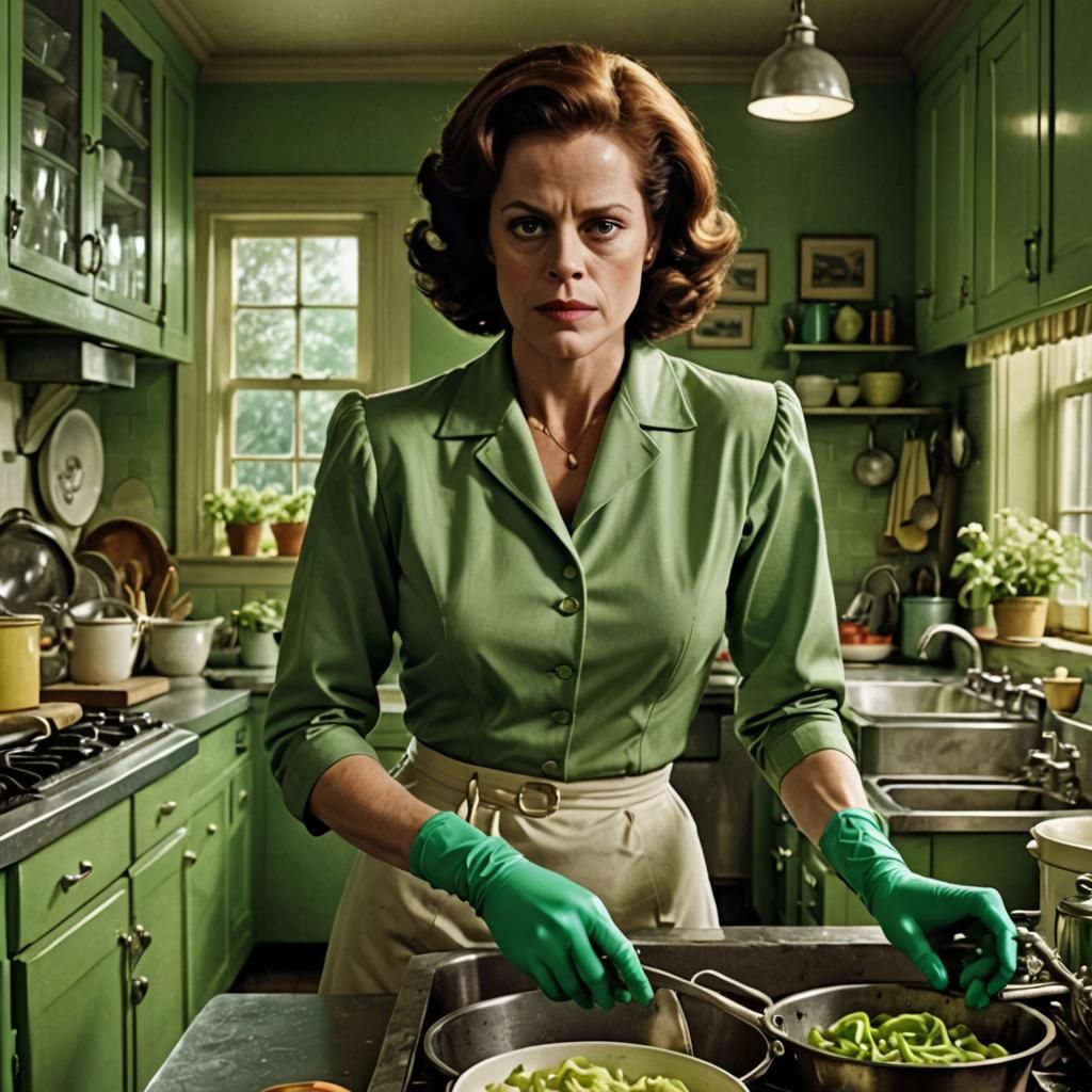 Sigourney Weaver as a young Stepford wife, doing the dishes in a 1950's kitchen wearing sturdy green household rubbergloves. 