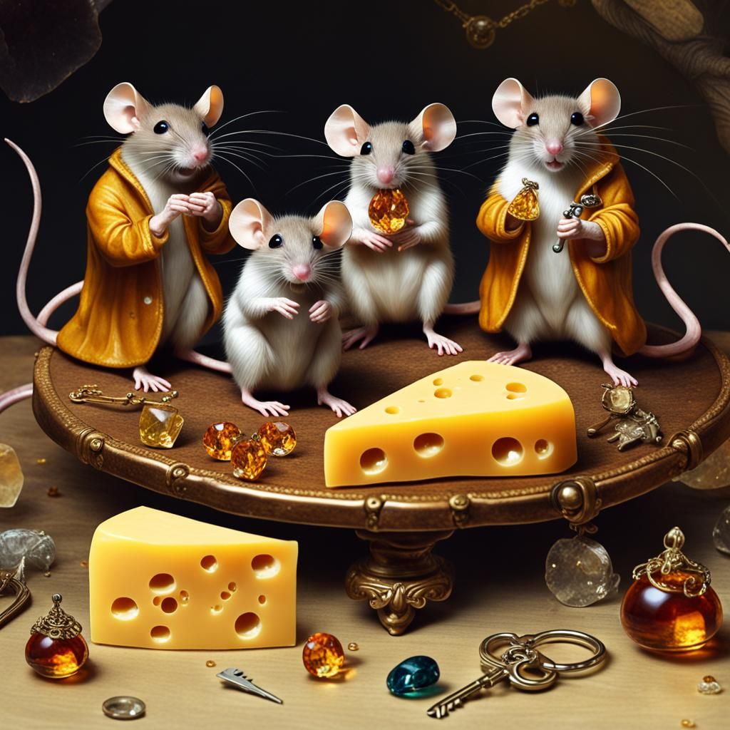 a group of mice sitting on top of a table doing a cheese, amber jewels ...