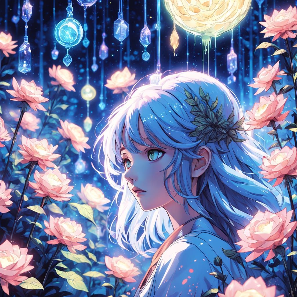 Anime Girl Tending Glowing Garden in Ghibli Style