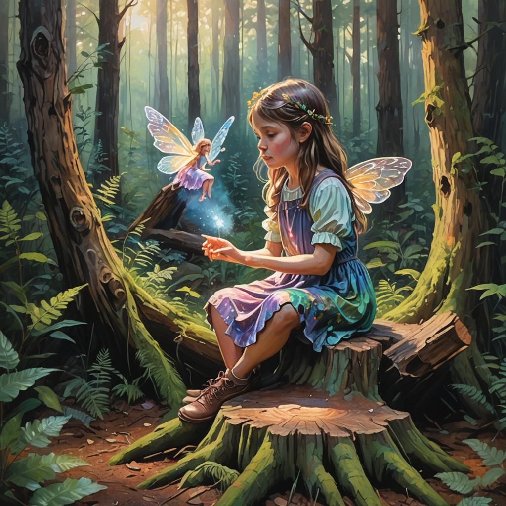 Girl and Fairy in Forest, Gouache Impressionism
