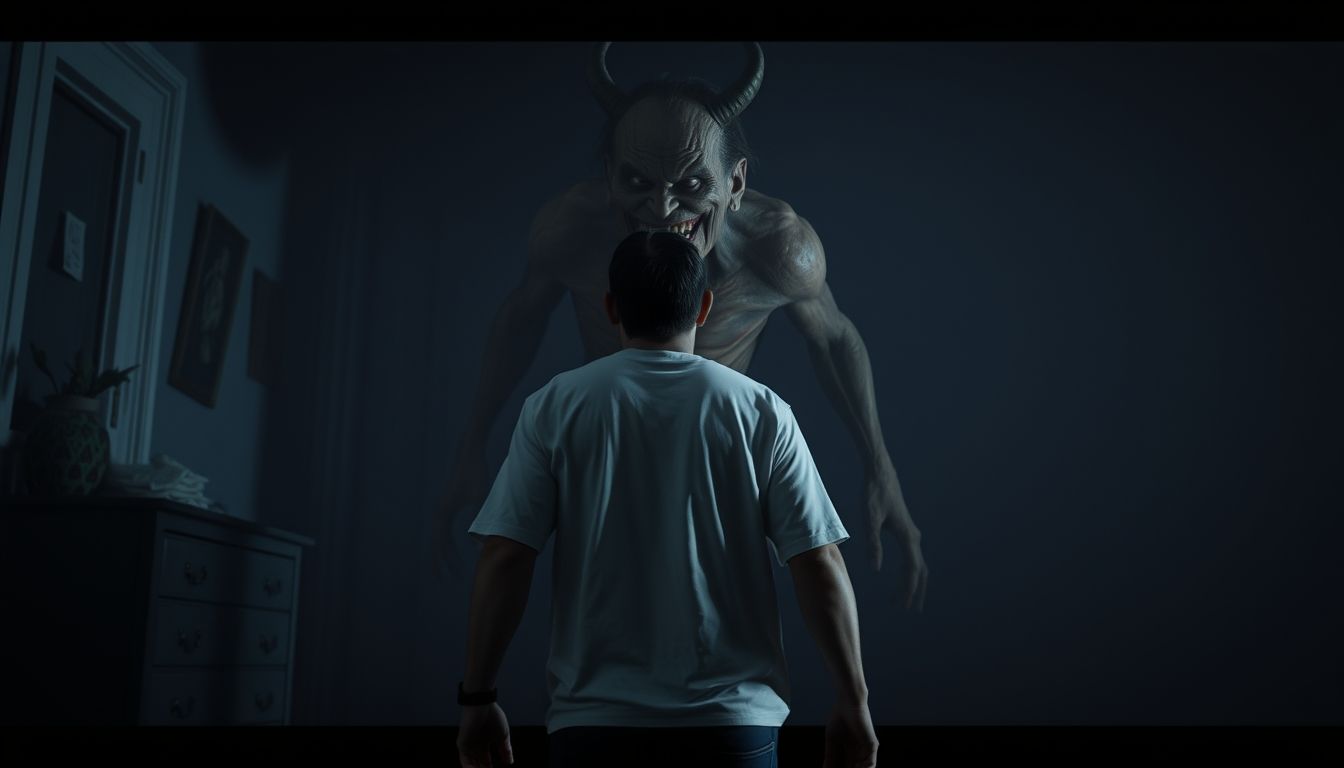 Terrifying evil sleep paralysis demon towering over a human ...