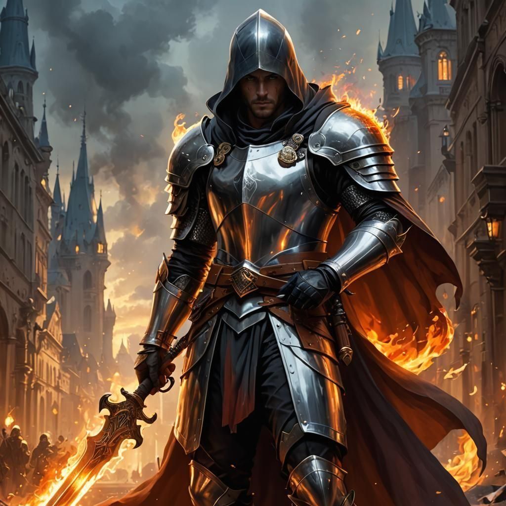 High Fantasy epic hooded male knight, hooded silver armor, flaming ...