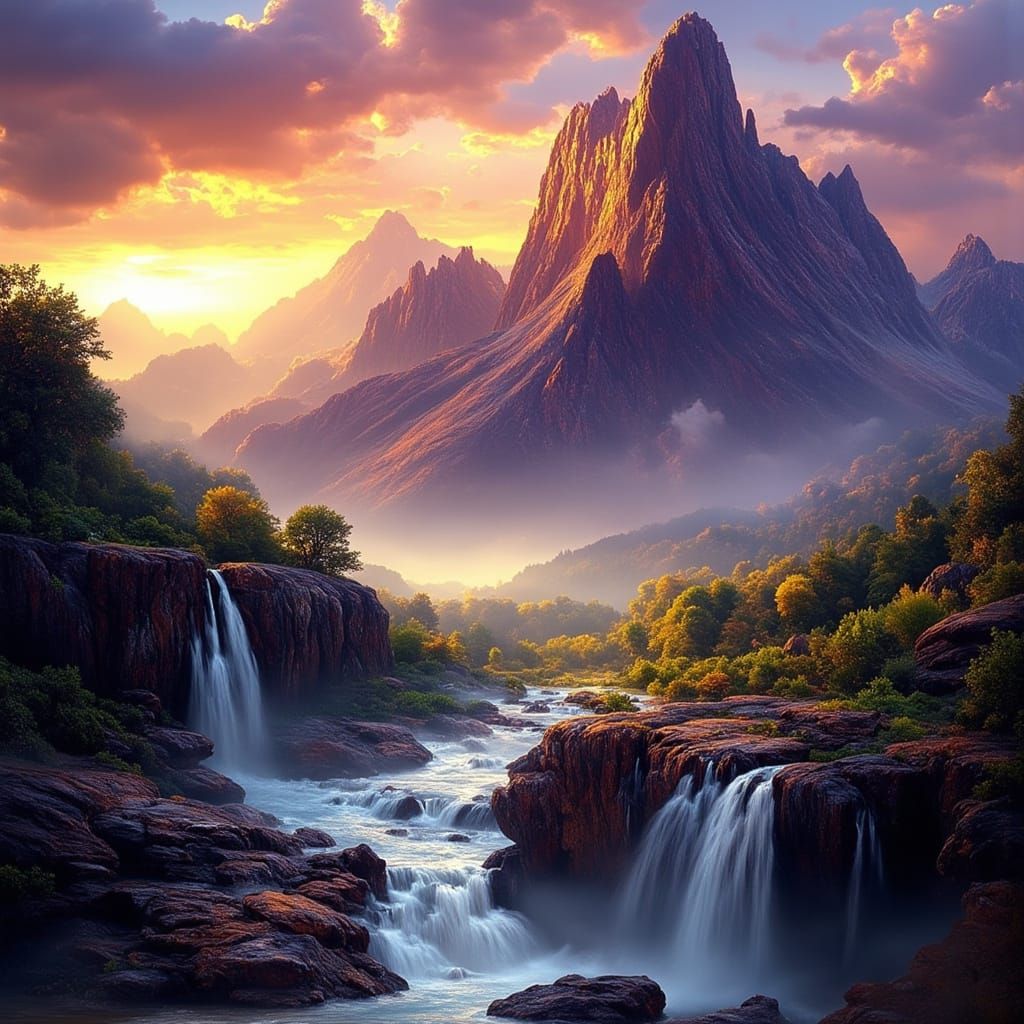 mountain scene with sunrise and river <lora:Coherent Beautiful:1.0> <lora:LapiCoherent II:1.0>