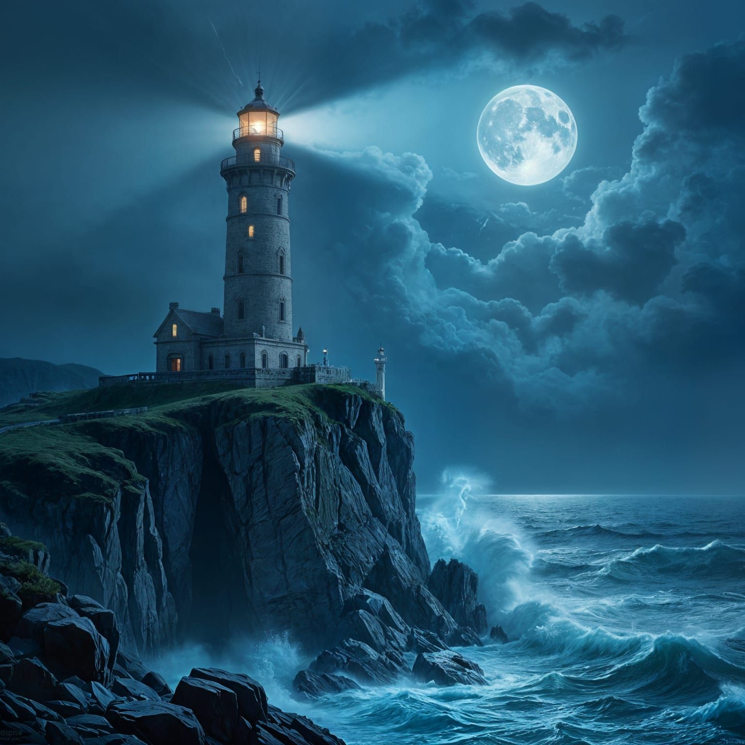 A colossal, ancient lighthouse perched precariously on a jagged cliff edge, its beam cutting through a stormy, moonlit night. The structure ...