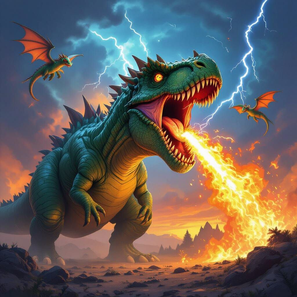 Giant Green Dinosaur Breathes Fire and Lightning