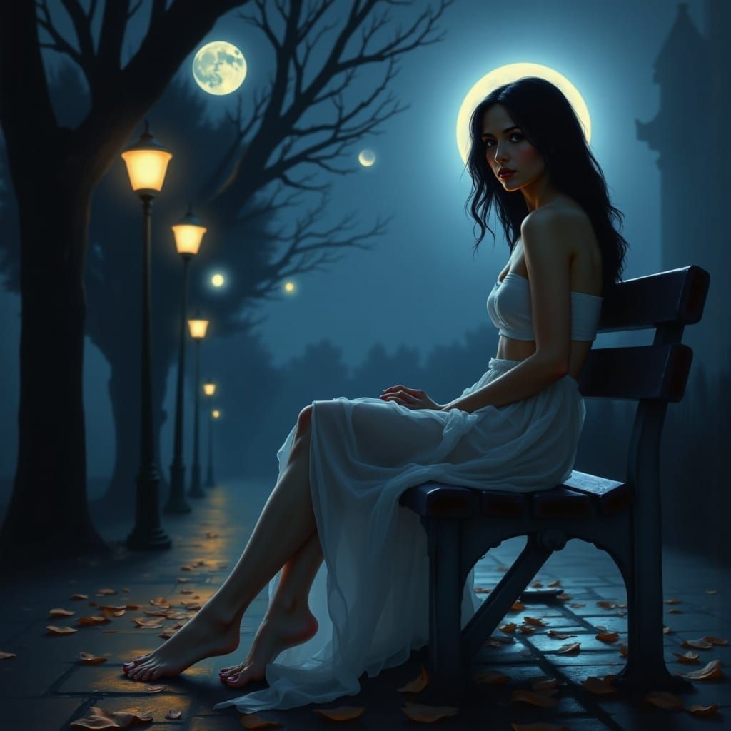 <lora:Heart:1.0> Beautiful woman sitting on a park bench, at night, willowy physique, at night