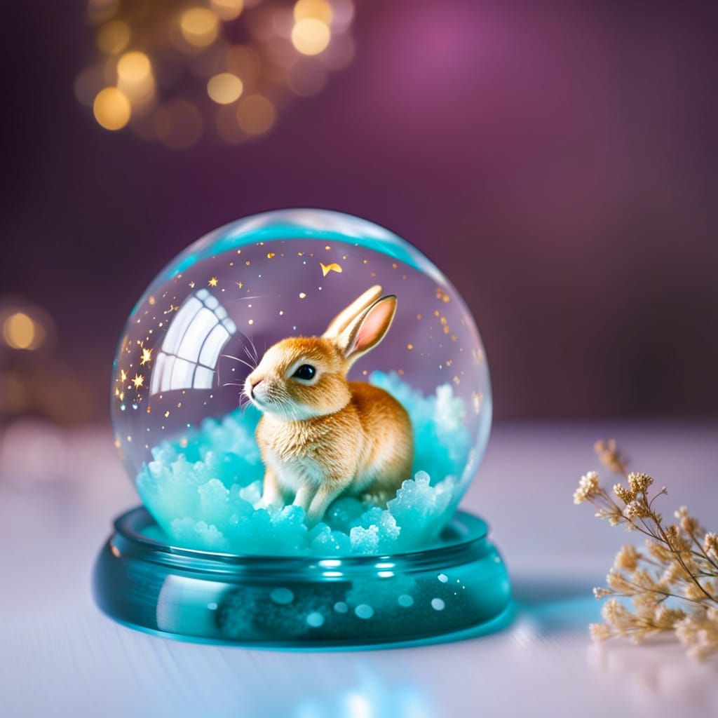 A cute little bunny in a crystal globe, ultra-detailed, boke...