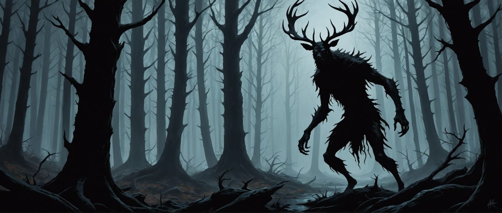 a wendigo in a dark forest - AI Generated Artwork - NightCafe Creator