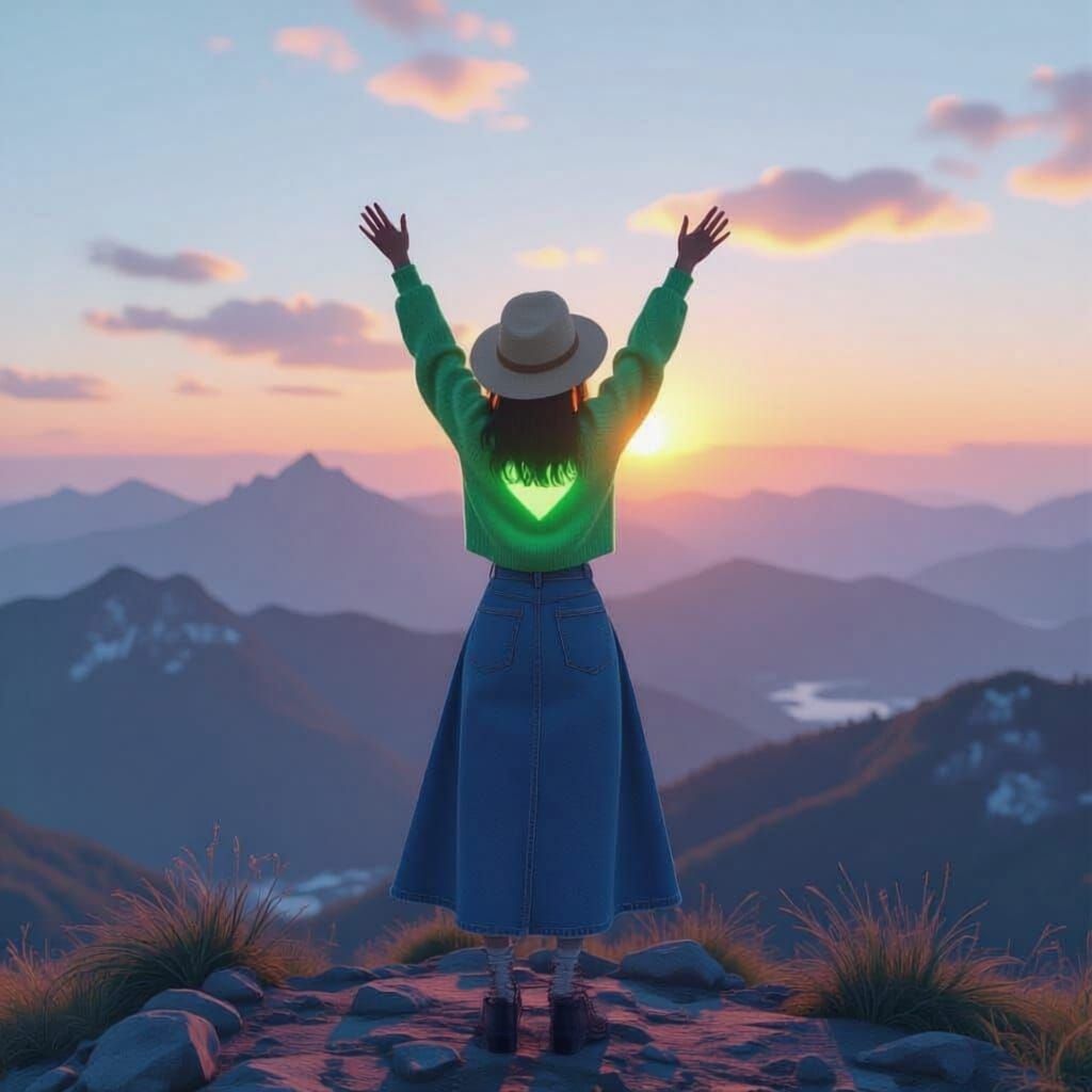Girl With Glowing Sweater Makes Heart Shape At Sunset