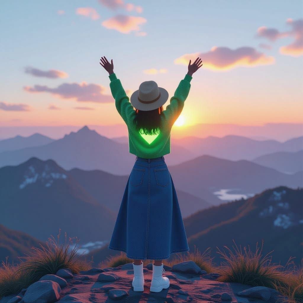 תמונה של נערה עם גב למצלמה בשעת שקיעה עומדת על הר גבוהה לנוף מטורף ומהמם מרימה ידיים ועושה לב עם הידים היא לובשת סוודר ירוק זורח וחצאית ג'ינ...