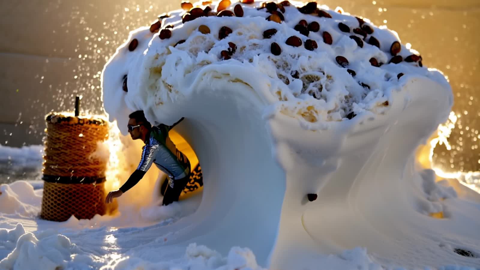 Create an ultra-detailed, cinematic photo of a two-inch-tall man surfing down a massive avalanche of frozen stracciatell...