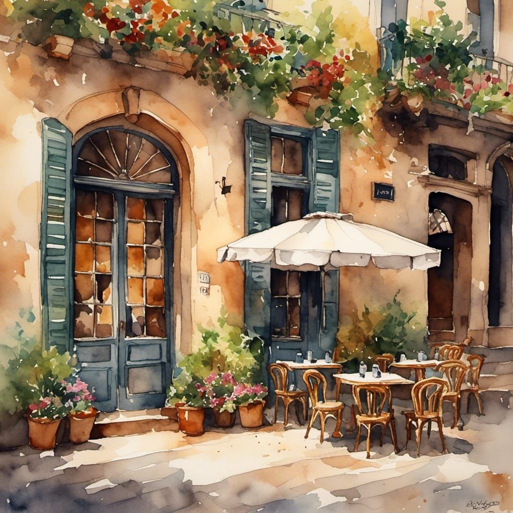 Last test I hope!!!    <lora:Antique Watercolor:1.0> close up of an Italian cafe 
