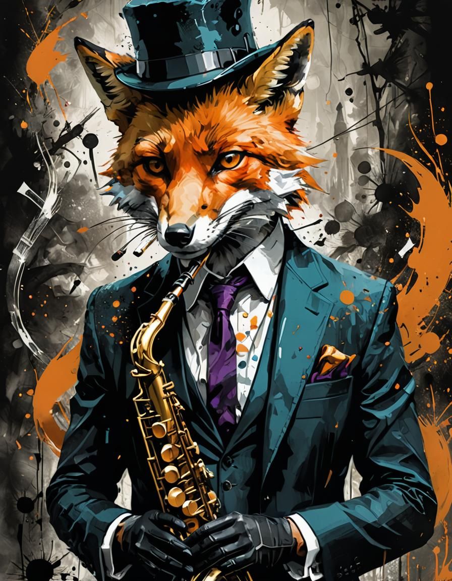 Fox playing the Saxophone,  saxophone held by fox hands dye-transfer Masterpiece by Russ Mills, Minjae ...  by @Defenestrated Feather