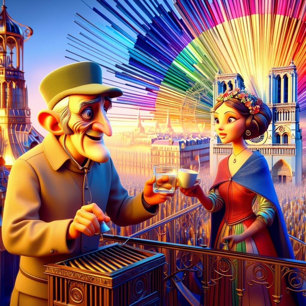 Quasimodo with Esmeralda are in front of the Notre dame