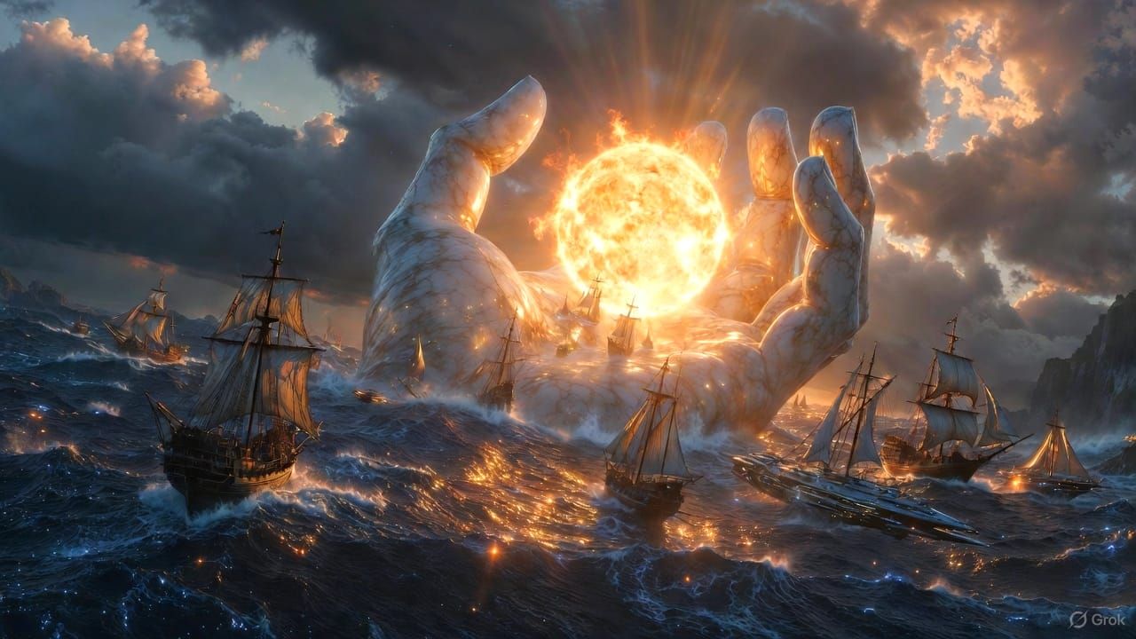 colossal, divine hand of weathered marble and glowing alabas...