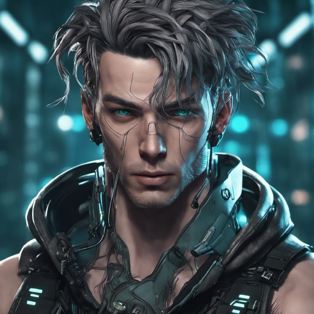 Cyberpunk, Male android, two-tone hair, LED lines, Teal Eyes, head and ...