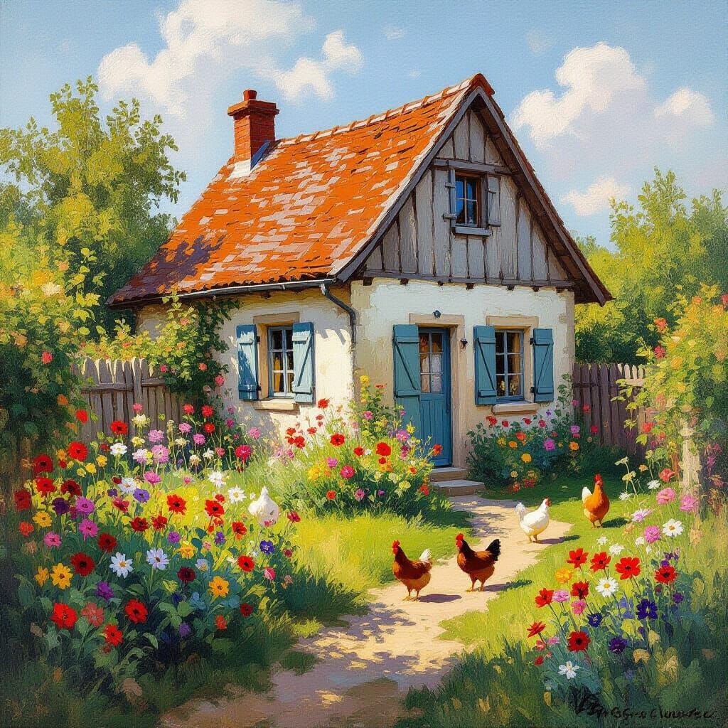 a small house with color flowers and      chickens runing around real life  by @A N N I E G U N N