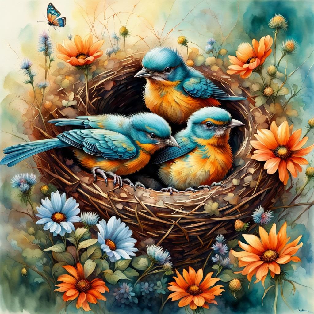 Beautiful hyper realistic hyper detailed baby Birds in a nest surrounded by wildflowers and butterflies, ...  by @JACK ANDREASEN