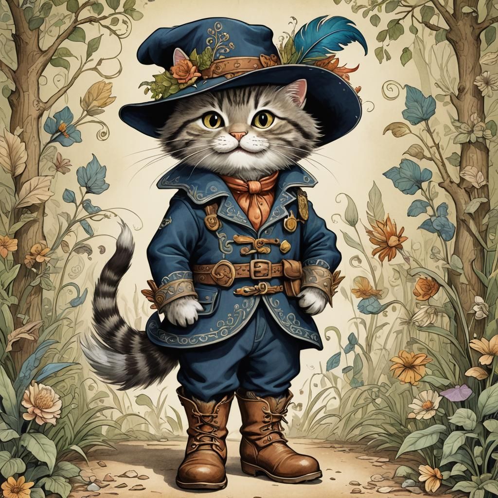 A delightful children's book illustration featuring the beloved character "cat in Boots" from the fairy ...  by @SeaArt