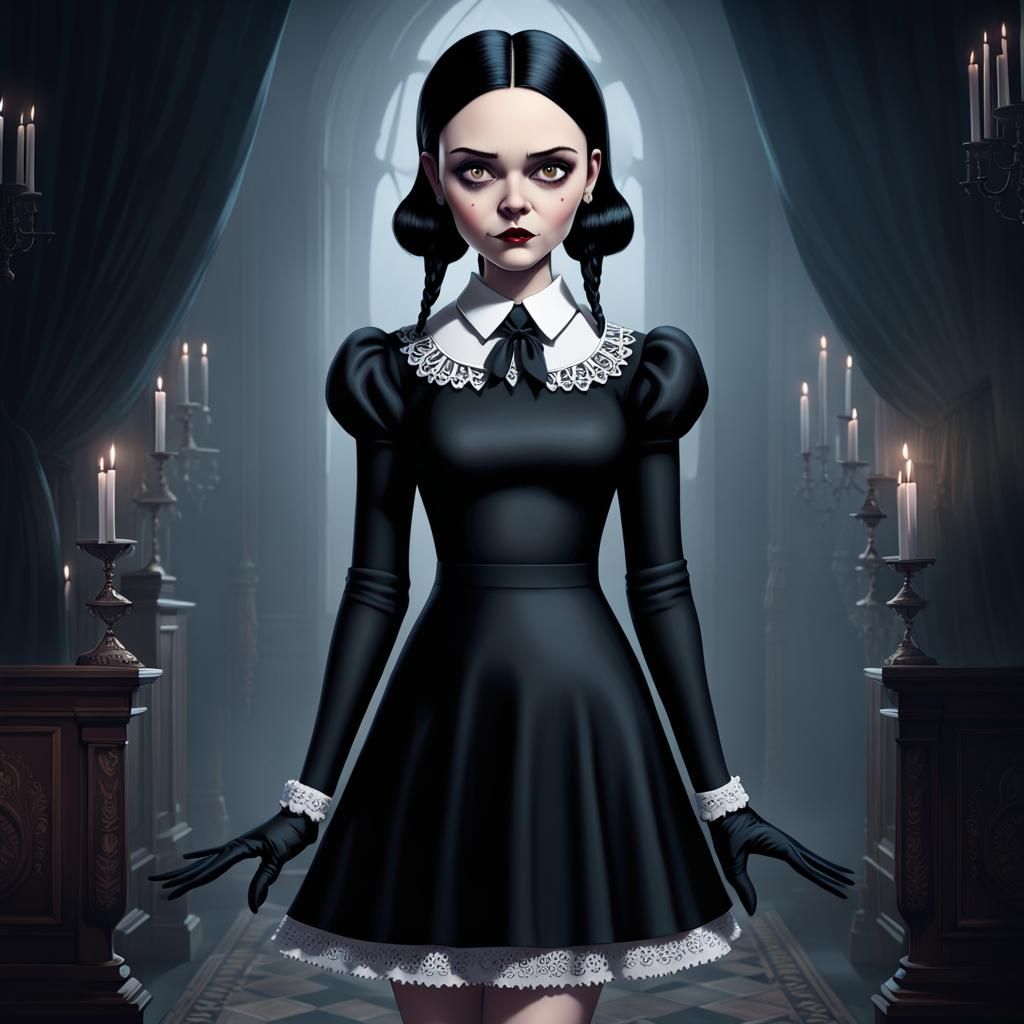 Full Portrait art of WEDNESDAY ADDAMS ALONE STYLE TURMA DA MONICA JOVEM, in  a Party dress, and black long gloves, flawless anatomy, by Randy... - AI  Generated Artwork - NightCafe Creator