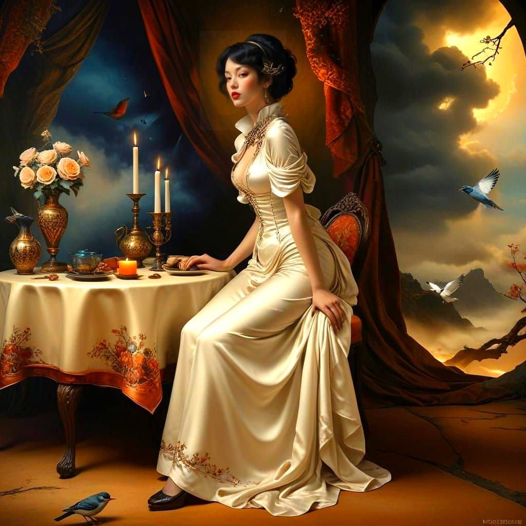 Ethereal Lady in Medieval Dreamscape, in the Style of Fantas...