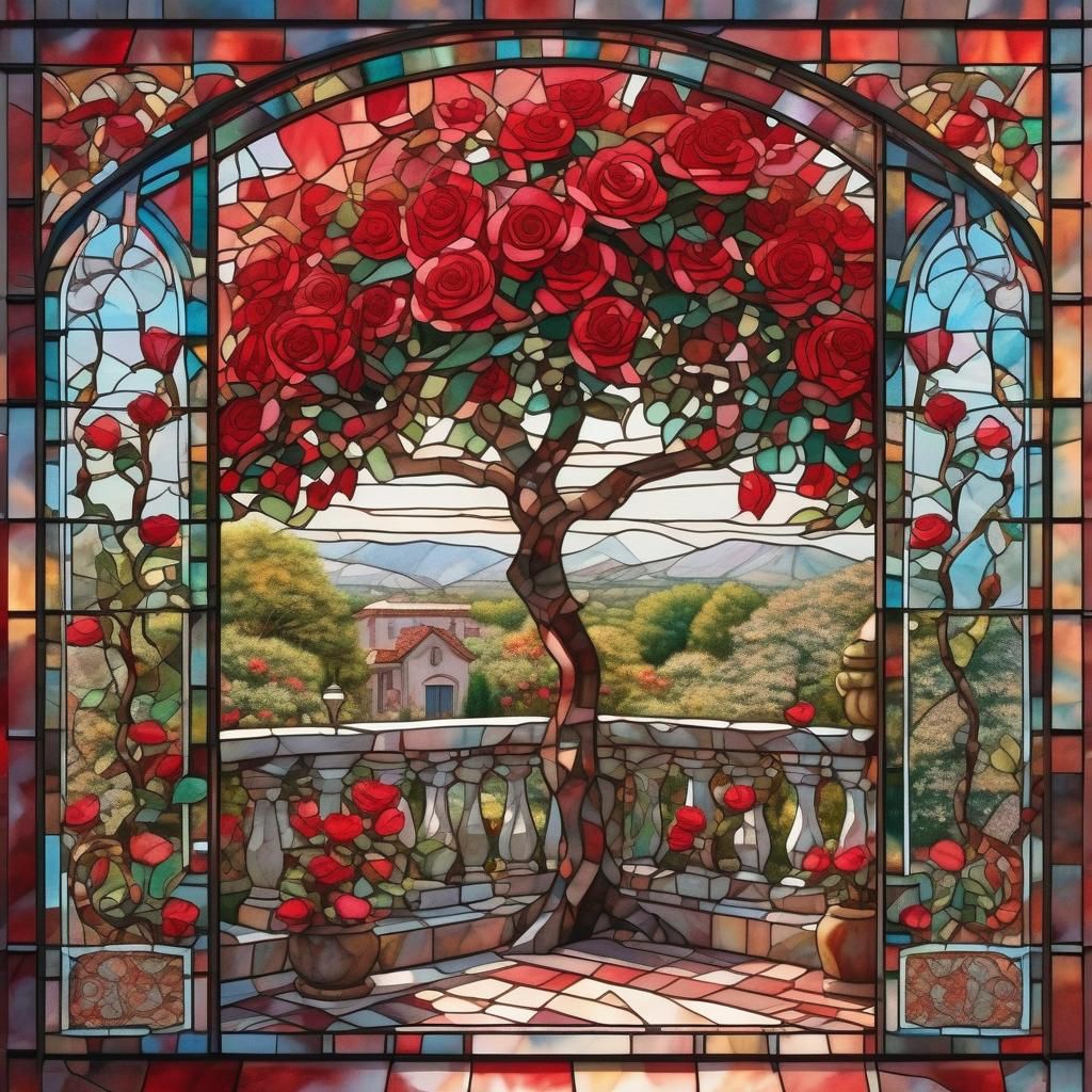"ultra detailed 3d stained glass entrance of a blooming red rose tree leaning against a villa window ...  by @Giulia