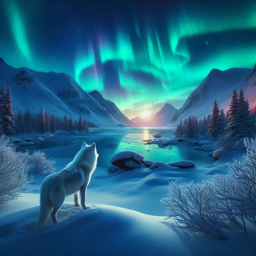 “Astral Symphony in Snow: Wolf and Aurora”