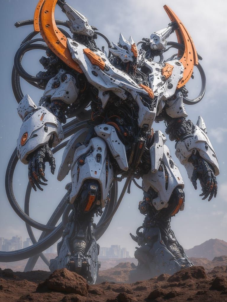 <lora:Predatory Mecha II:1.0> White and orange, full body heavy mecha, massive menacing mechanical tentacles in the back