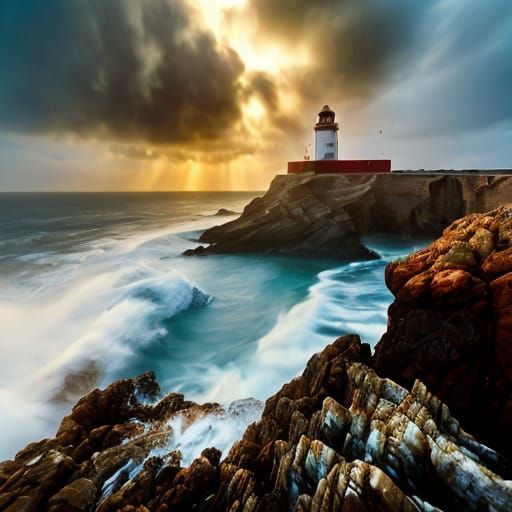 Lighthouse. Waves crashing against the rocks of a lighthouse...