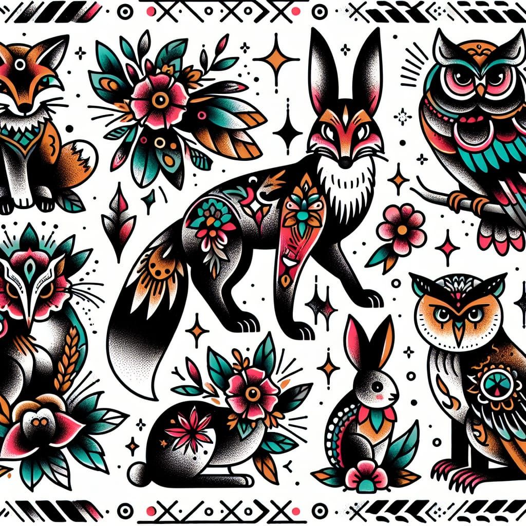 A flash tattoo sheet featuring a collection of whimsical woodland creatures, rendered in bold, black ...  by @NekoNesto