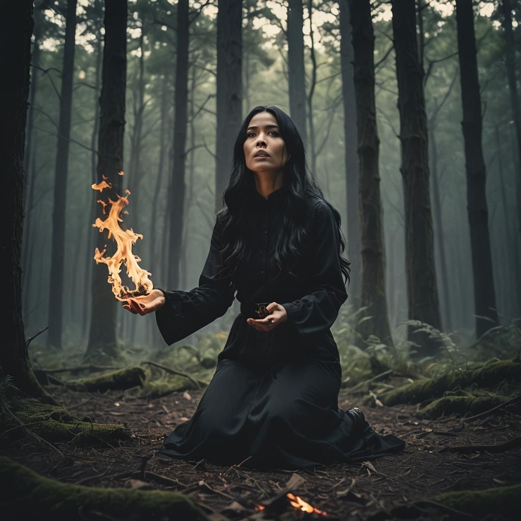 Dramatic Woman with Flame in Dark Forest