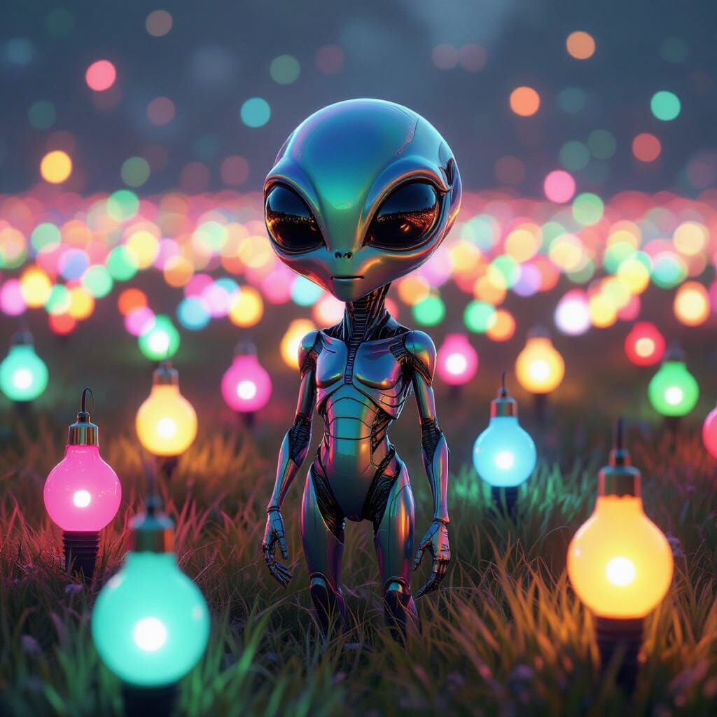 alien landed on a field of Christmas bulbs