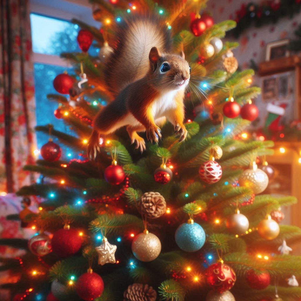 Squirrel leaps from Christmas Tree
