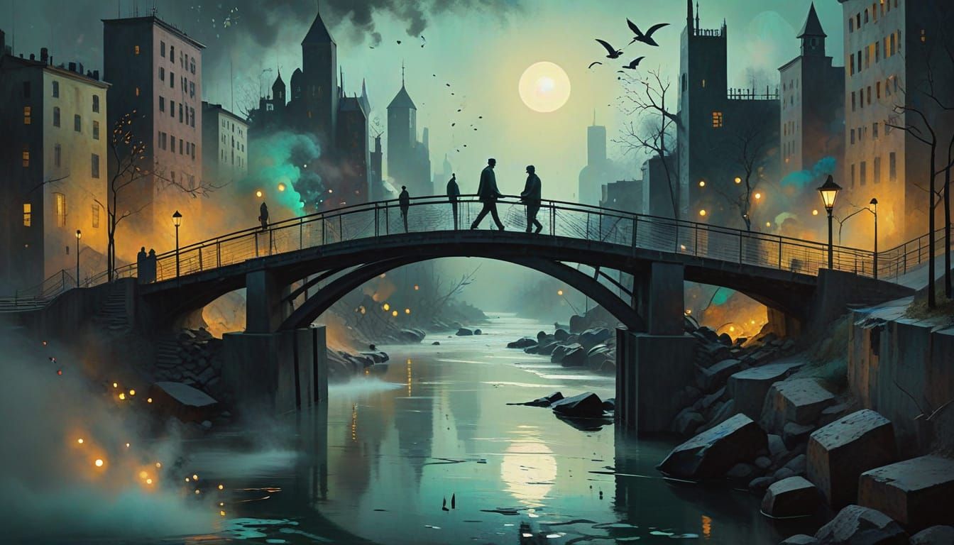 Surrealist Cityscape with Man on Bridge in Mysterious Atmosp...