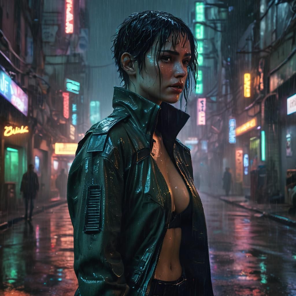 Medium shot of a female sci-fi protagonist in a cyberpunk city on a rainy evening.