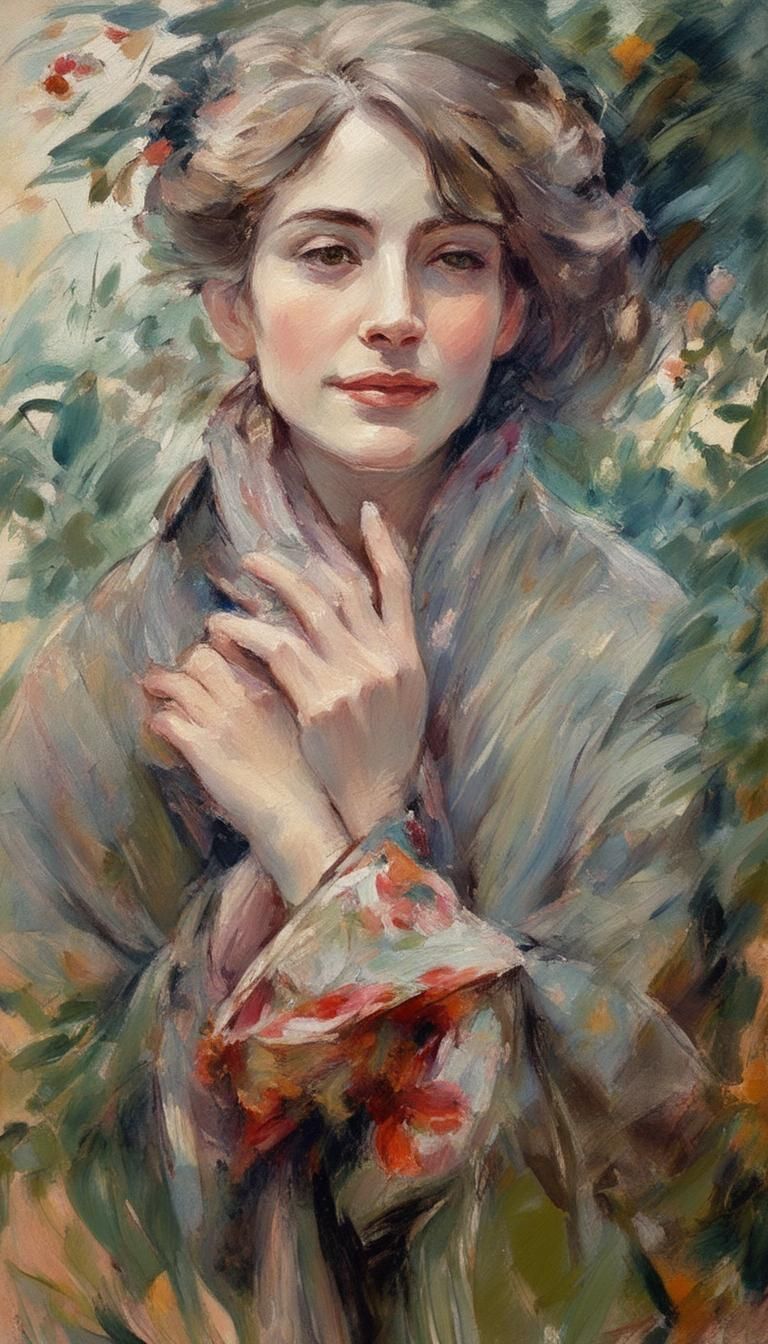 Portrait of Elly en longue robe fleurie en 1908, peinture à l'Huile couleur estompées expressionnistes sur toile à la façon de Lovis Corinth