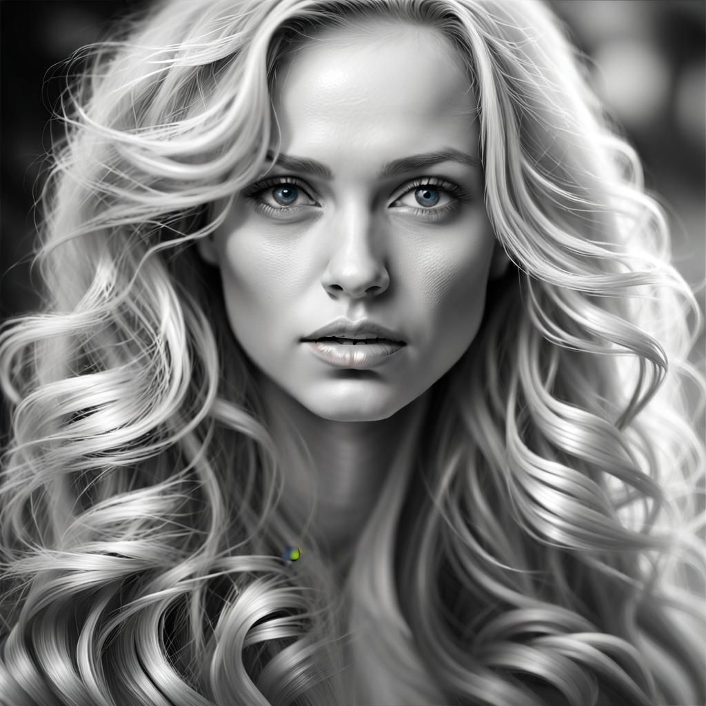 Black and white portrait of a woman with long wavy hair::blo...