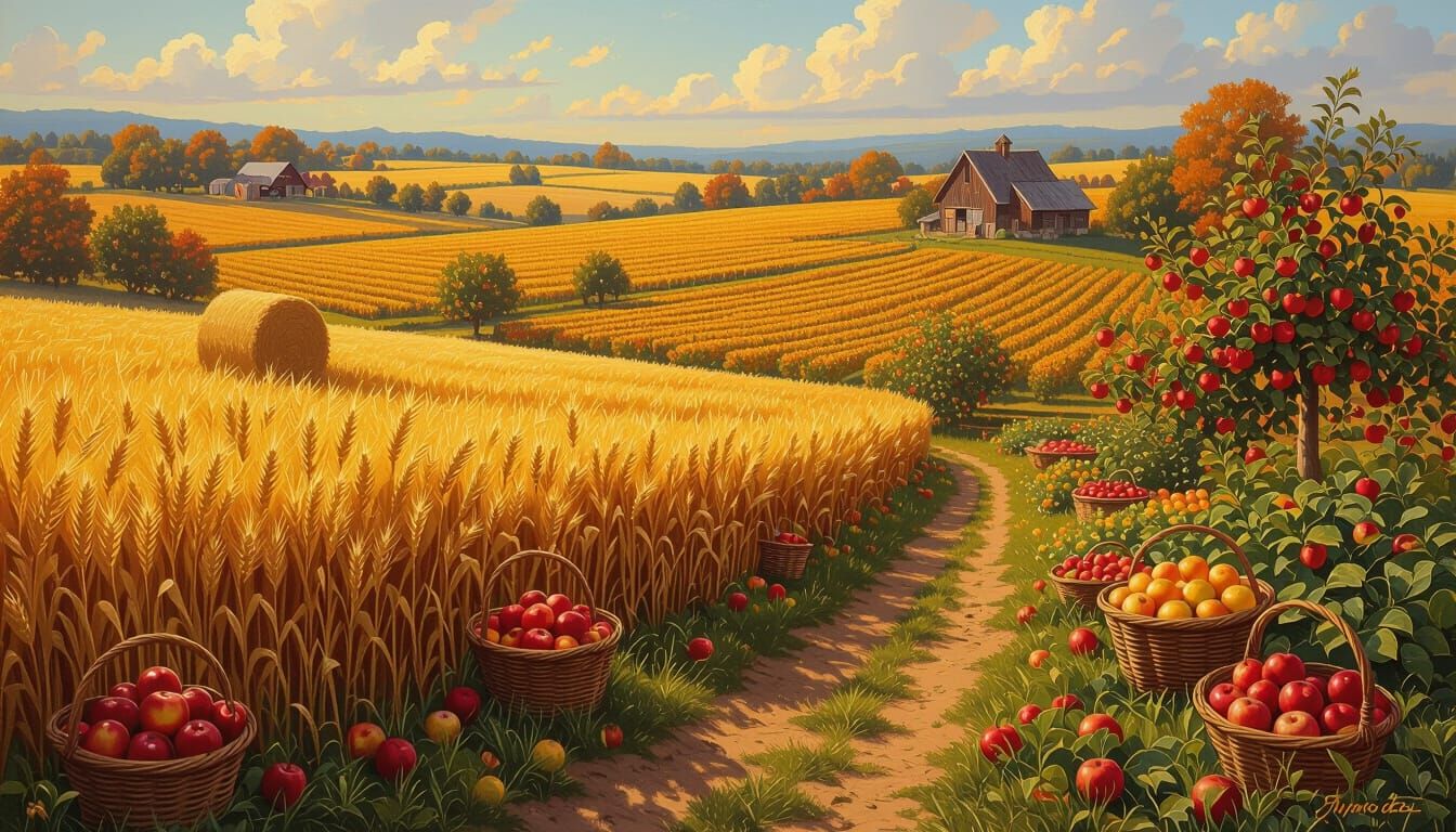 A vibrant autumn scene showcasing the richness of the harvest season, with golden fields full of ripe grain swaying gently in the breeze, lu...