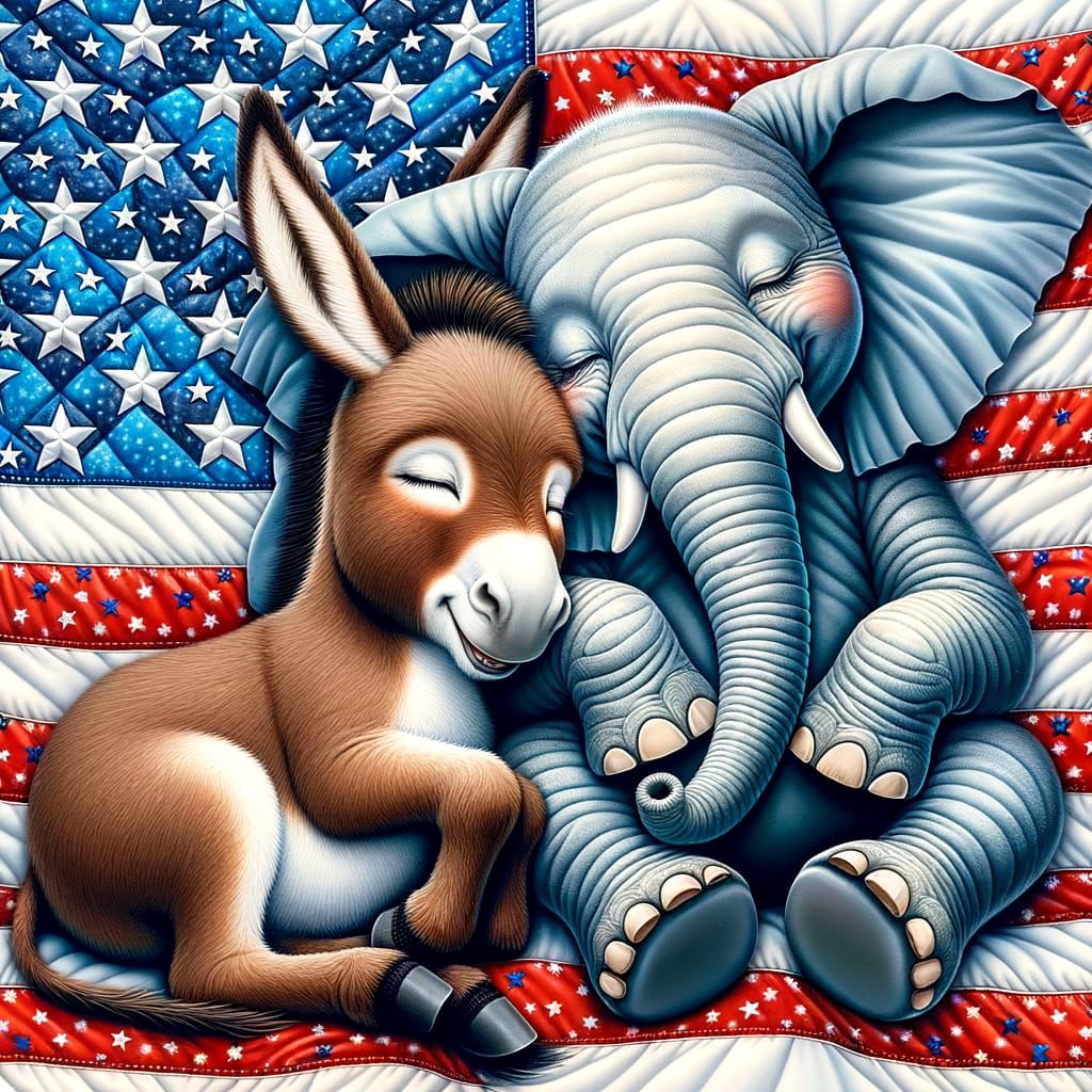 Donkey and Elephant Napping Peacefully on Patriotic Blanket