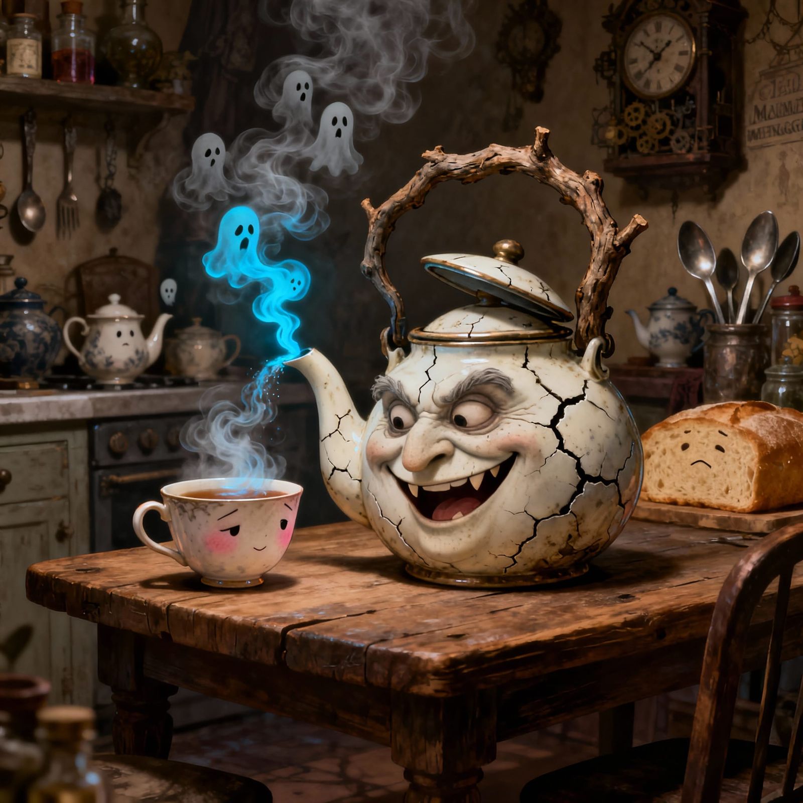 Style: Whimsical gothic surrealism with steam curling into abstract, expressive shapes. The teapot’s ...  by @Eclectic shambles