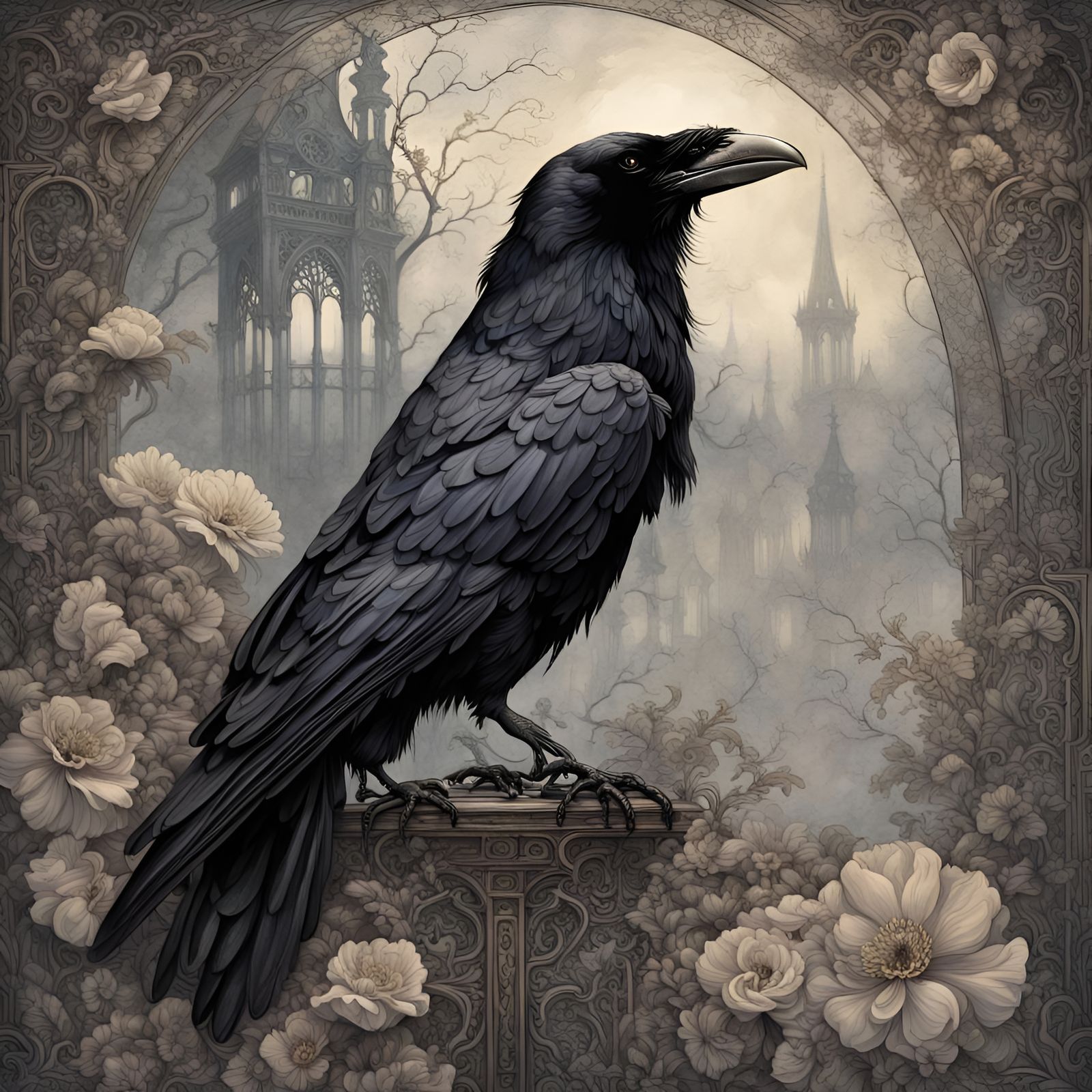 Arthur Rackham art style painting of a raven sitting on a ghostly lacey ...