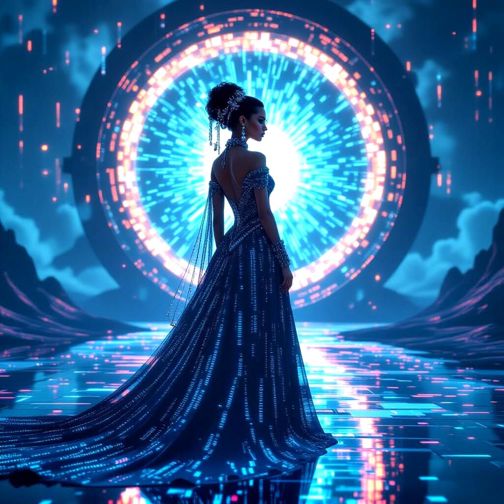 A digital oracle with a flowing gown of binary code stands before a shimmering portal, their eyes radiating an otherworldly glow. Facing the...