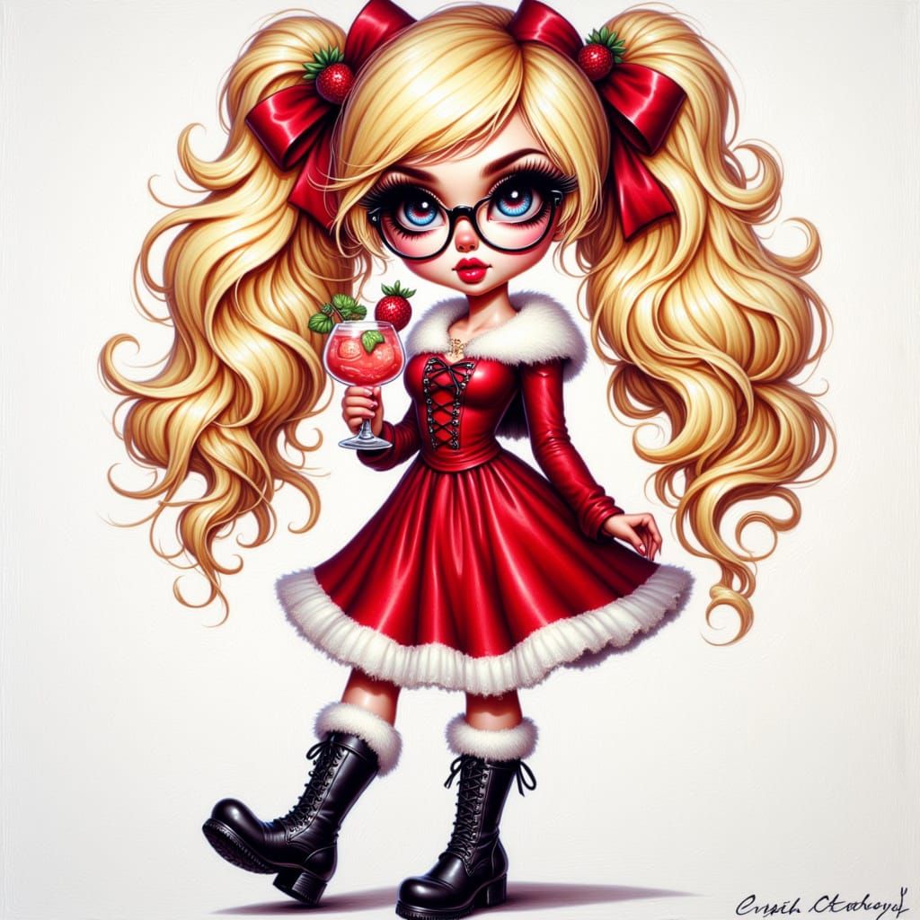 an acrylic oil caricature a cheeky blonde haired woman with pigtails and red ribbons, she is wearing a short mother Santa dress and black bo...