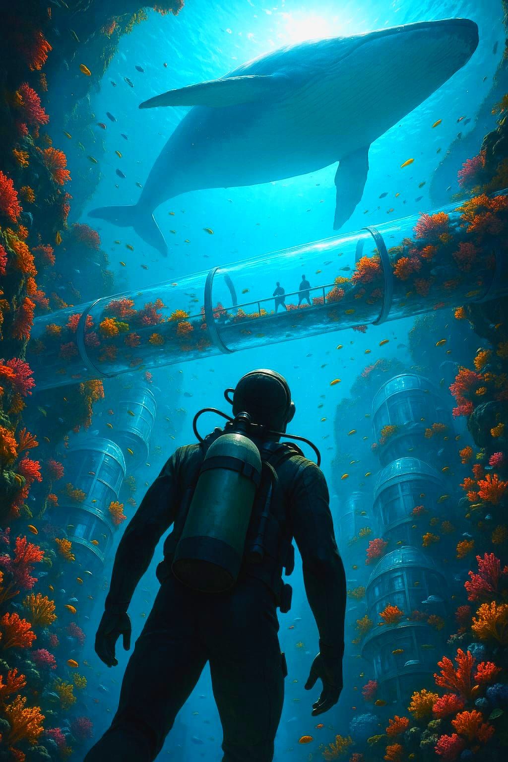 Diver looking  up at whale swimming above glass tube bridge ...